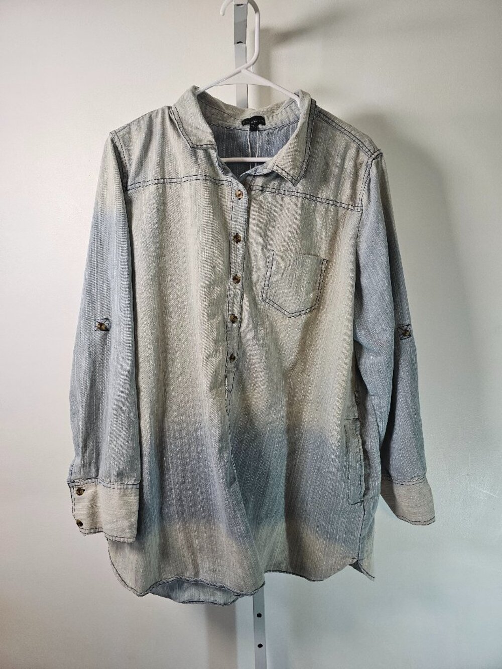 Zenobia Chambray Blouse Blue Grunge Popover Casual 3X
